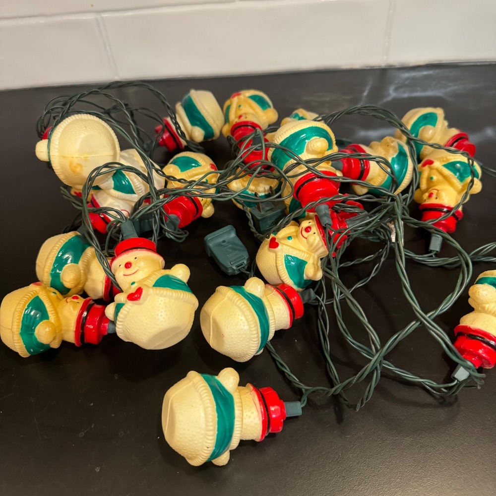 Snowman Christmas Blow Mold String Lights Holiday White Red Green Vintage